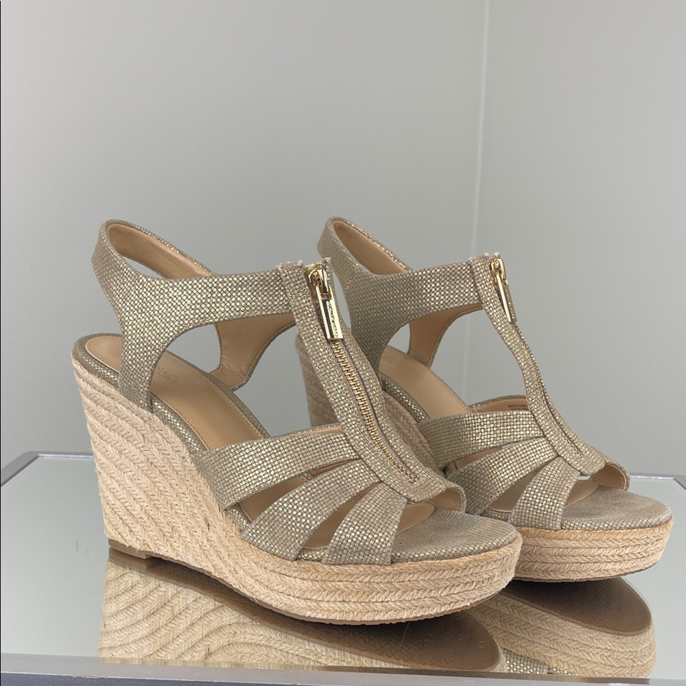 Michael Kors Metallic Gold Espadrille Wedges Ladies Size 8.5